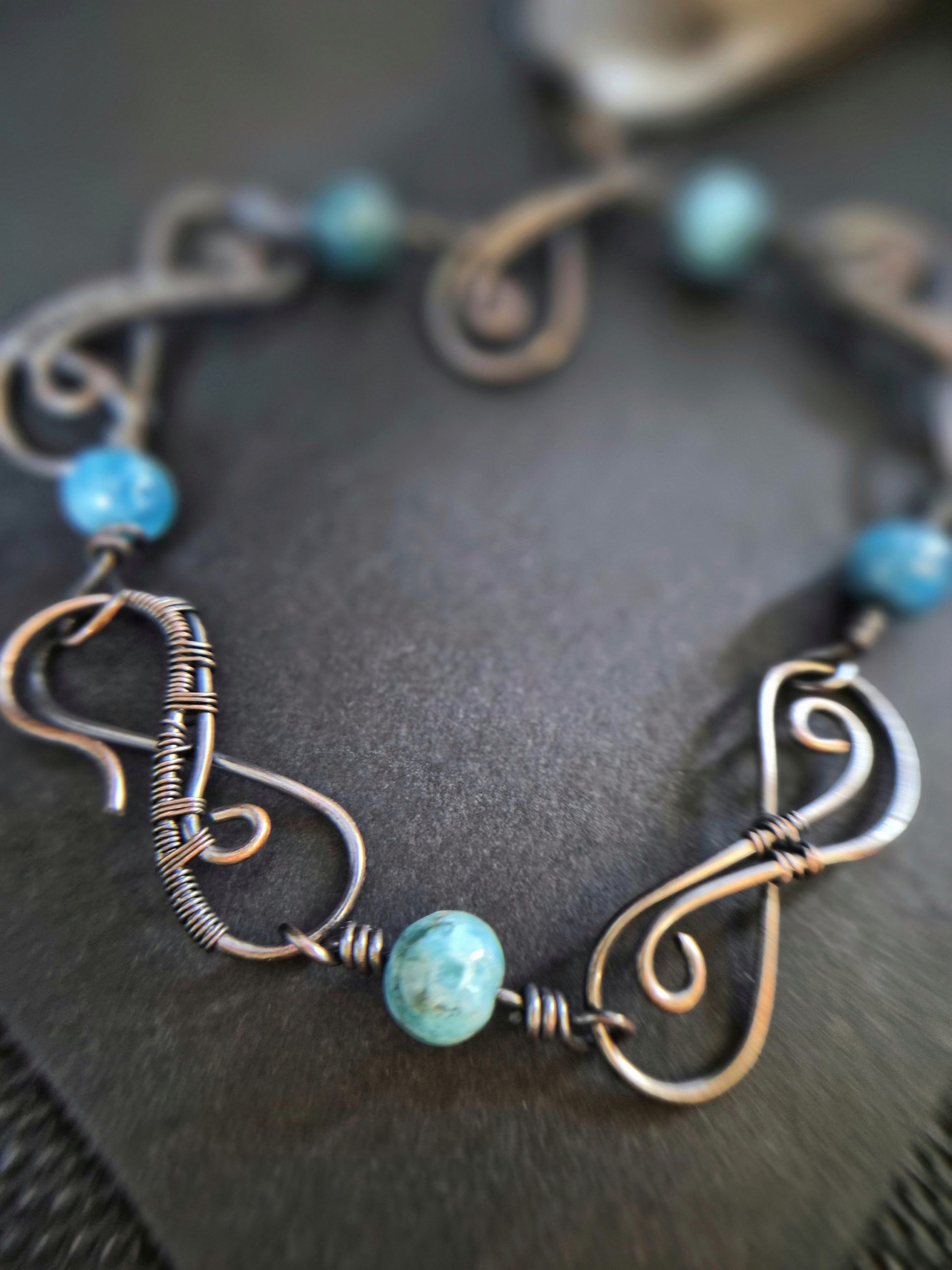 copper wire and apatite beads handmade jewellery hand wrapped wire wrapped